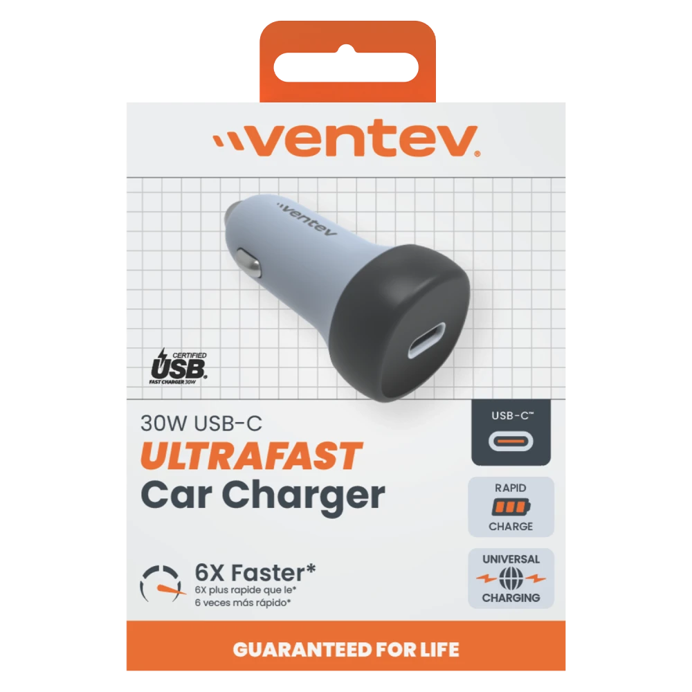 Ventev - 30W ULTRAFAST USB C Universal Car Charger - Dark Gray