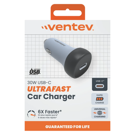 Ventev - 30W ULTRAFAST USB C Universal Car Charger - Dark Gray