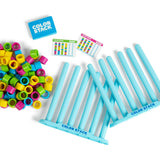 Color sorting toy set with blue sorting tubes and colorful beads on a white background