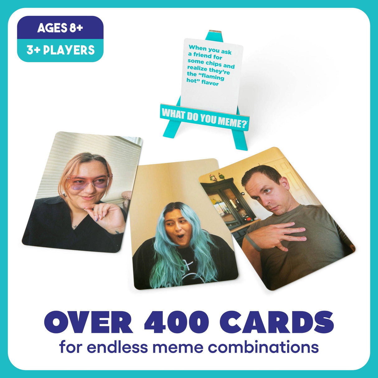 Card game packaging with images of people and text about meme cards, ages 8+, 3+ players, over 400 cards.