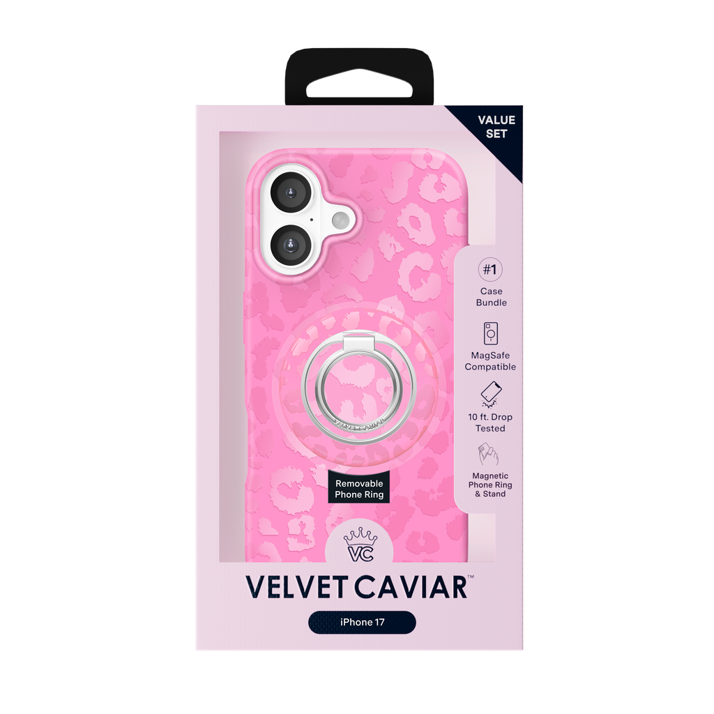 Pink phone case bundle in retail packaging, featuring a leopard-print case with a built-in magnetic ring and a white camera cutout, labeled Velvet Caviar for iPhone 17.