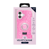 Pink phone case bundle in retail packaging, featuring a leopard-print case with a built-in magnetic ring and a white camera cutout, labeled Velvet Caviar for iPhone 17.