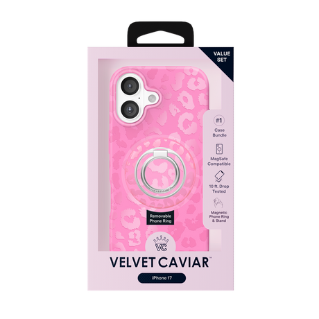 Pink phone case bundle in retail packaging, featuring a leopard-print case with a built-in magnetic ring and a white camera cutout, labeled Velvet Caviar for iPhone 17.
