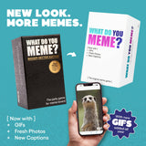 Two editions of 'What Do You Meme?' game boxes with a phone showing a meerkat meme on a teal background.