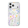 A clear phone case with a delicate watercolor floral pattern of pink, yellow, blue, and purple flowers with green leaves, shown on a white smartphone against a solid white background.
