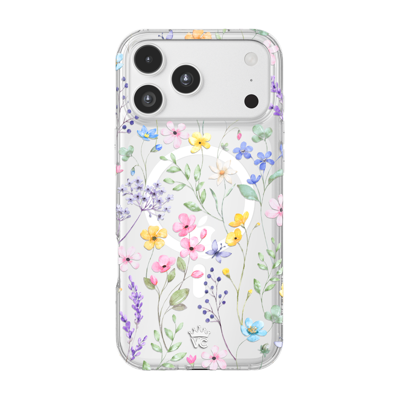 A clear phone case with a delicate watercolor floral pattern of pink, yellow, blue, and purple flowers with green leaves, shown on a white smartphone against a solid white background.