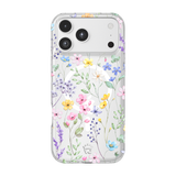 A clear phone case with a delicate watercolor floral pattern of pink, yellow, blue, and purple flowers with green leaves, shown on a white smartphone against a solid white background.