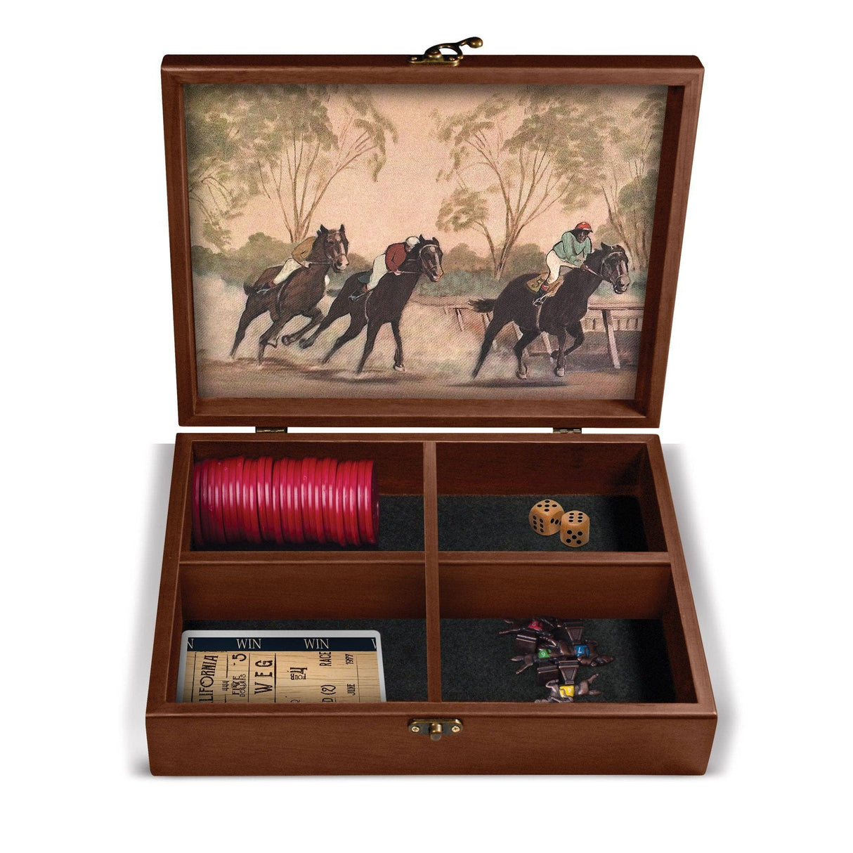 Wooden gaming box with poker chips, dice, and playing cards on a white background