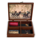 Wooden gaming box with poker chips, dice, and playing cards on a white background