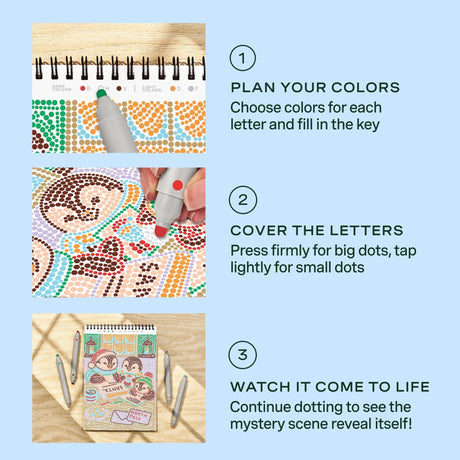 Lifelines FlowArt Dot-By-Letter, Holiday Helpers - how to use: plan your colors, cover the letters, watch it come to life