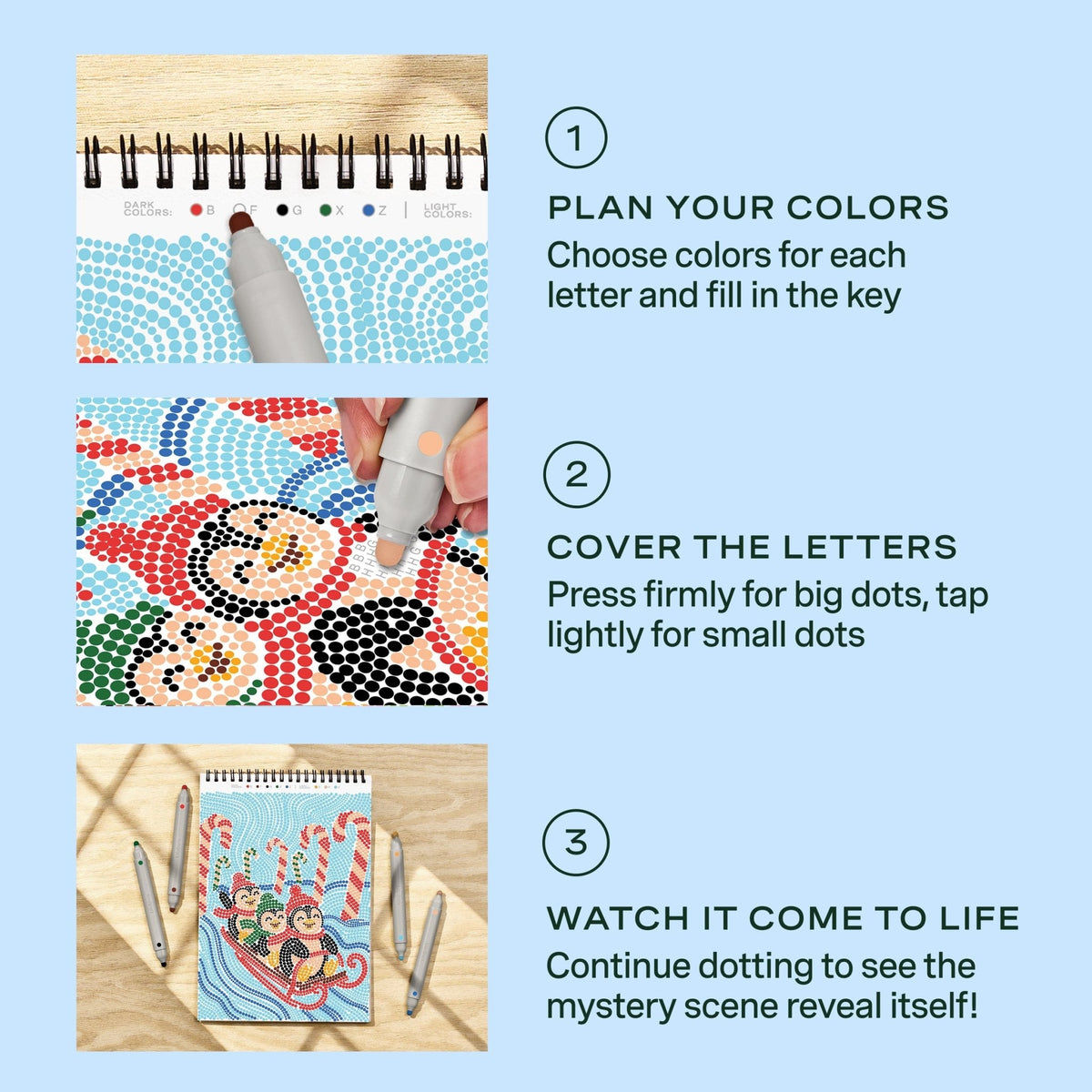 Lifelines FlowArt Dot-By-Letter, The North Pole - how to use: plan your colors, cover the letters, watch it come to life