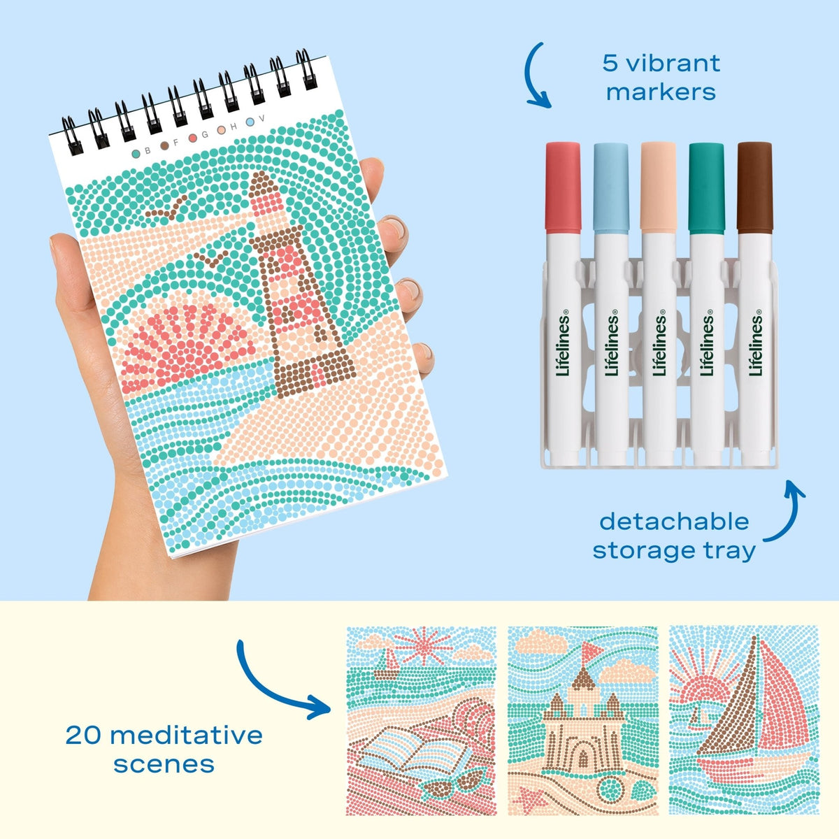 Lifelines FlowArt Mini Dot-by-Letter Coastal Calm - includes 5 vibrant dot markers, detachable storage tray and 20 meditative scenes