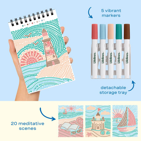 Lifelines FlowArt Mini Dot-by-Letter Coastal Calm - includes 5 vibrant dot markers, detachable storage tray and 20 meditative scenes