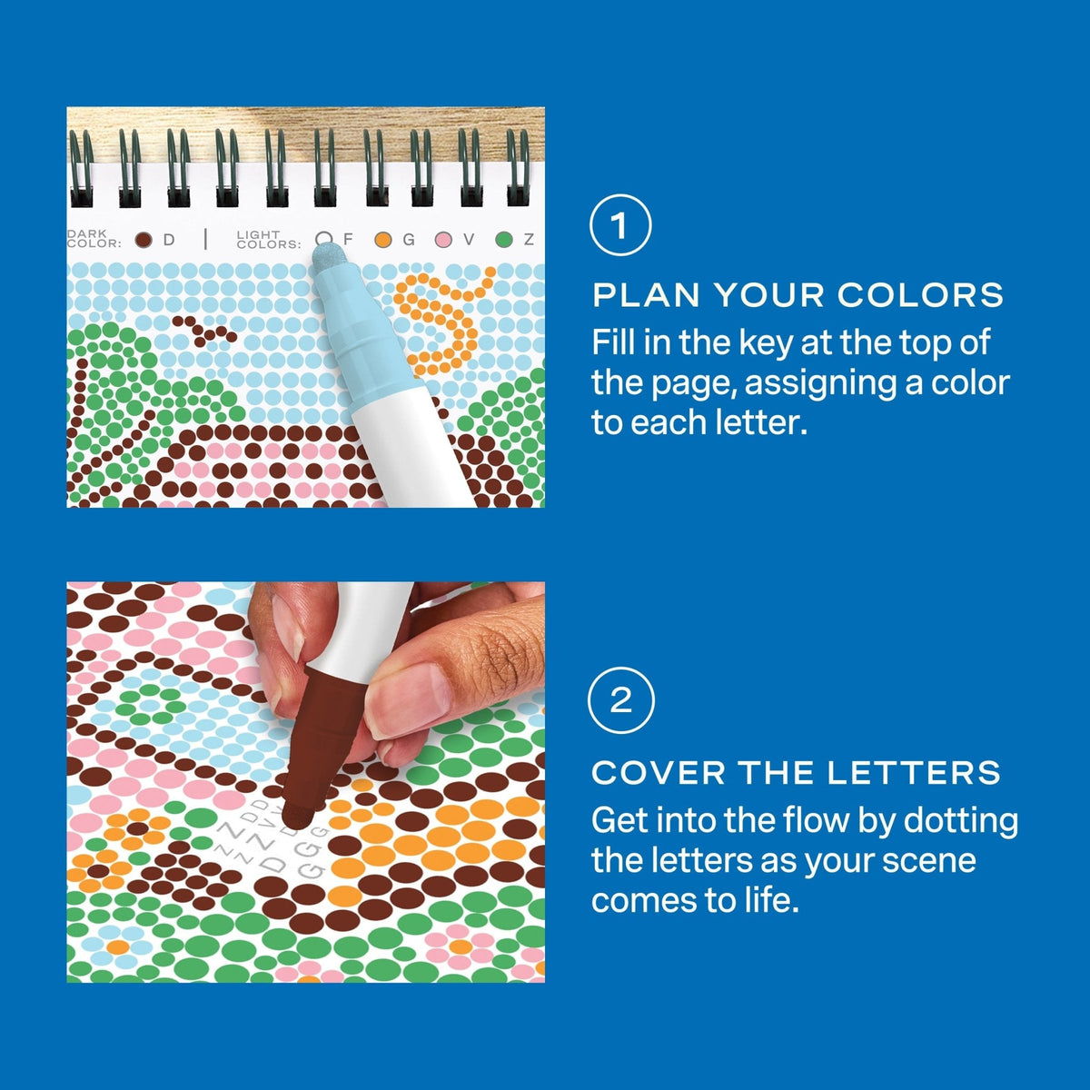 Lifelines FlowArt Mini Dot-by-Letter Cottage Garden - how to use: plan your colors, then cover the letters