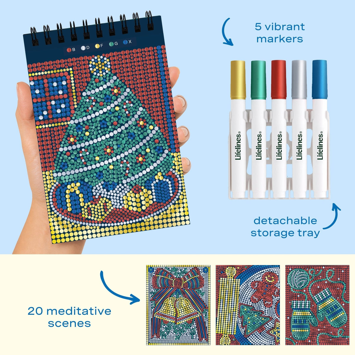 Lifelines FlowArt Mini Dot-by-Letter Deck the Halls Metallic Ink - includes 5 vibrant dot markers, detachable storage tray and 20 meditative scenes