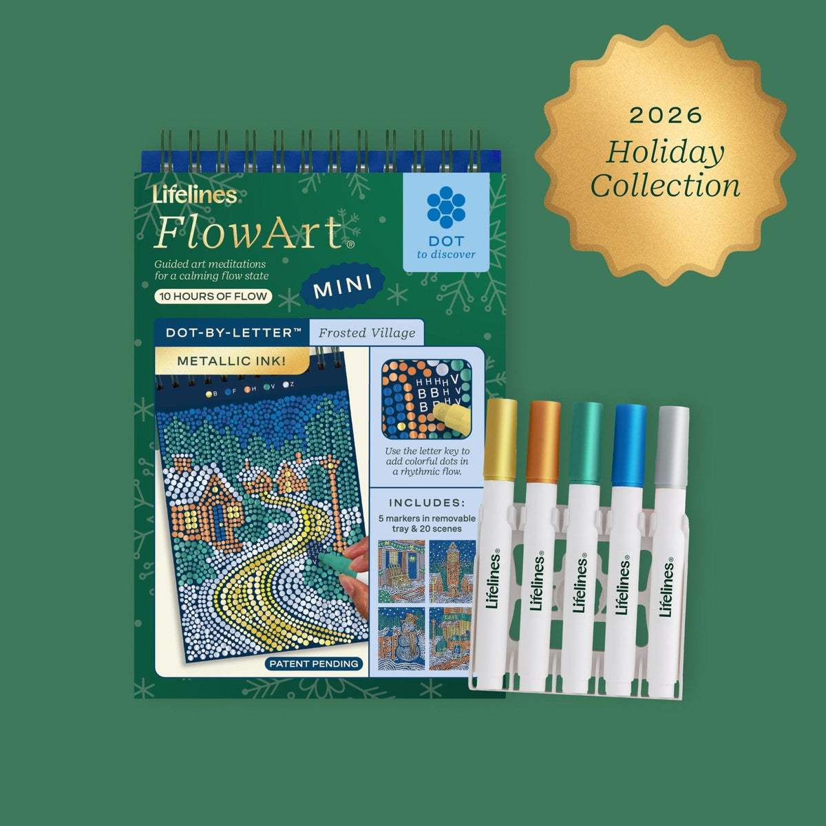 Lifelines FlowArt Mini Dot-by-Letter Frosted Village Metallic Ink - package front with pad, 5 dot markers and storage tray