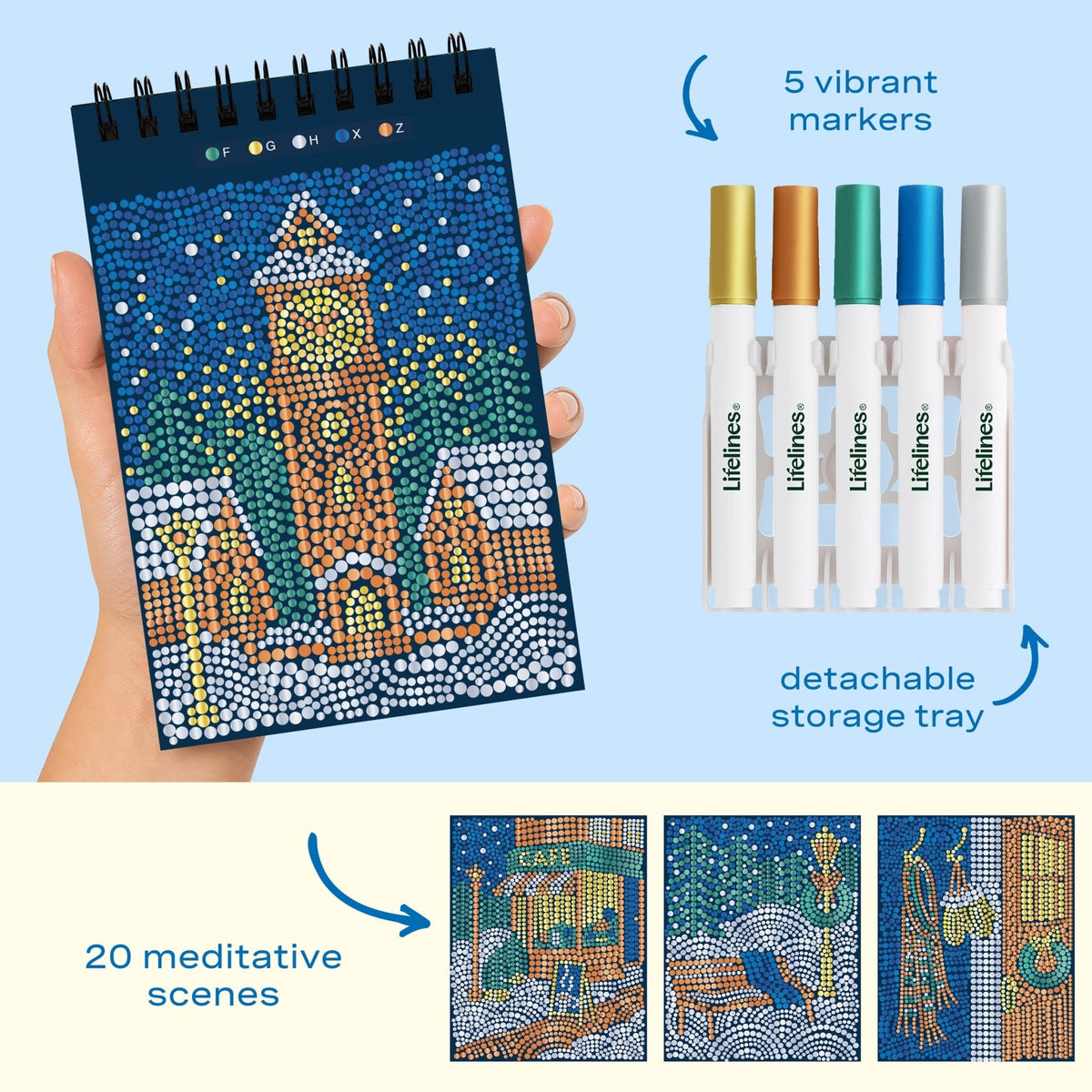 Lifelines FlowArt Mini Dot-by-Letter Frosted Village Metallic Ink - includes 5 vibrant dot markers, detachable storage tray and 20 meditative scenes