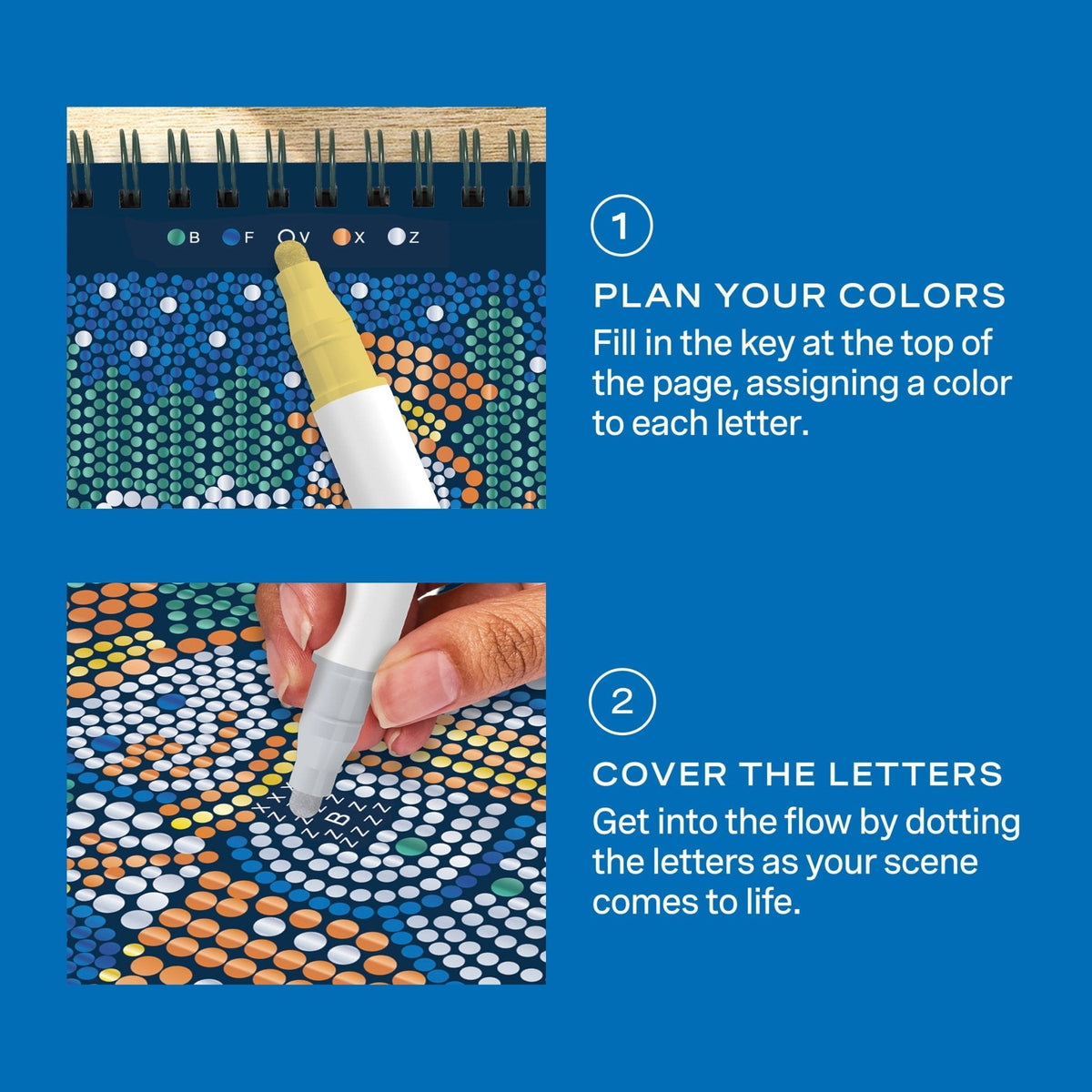 Lifelines FlowArt Mini Dot-by-Letter Frosted Village Metallic Ink - how to use: plan your colors, then cover the letters