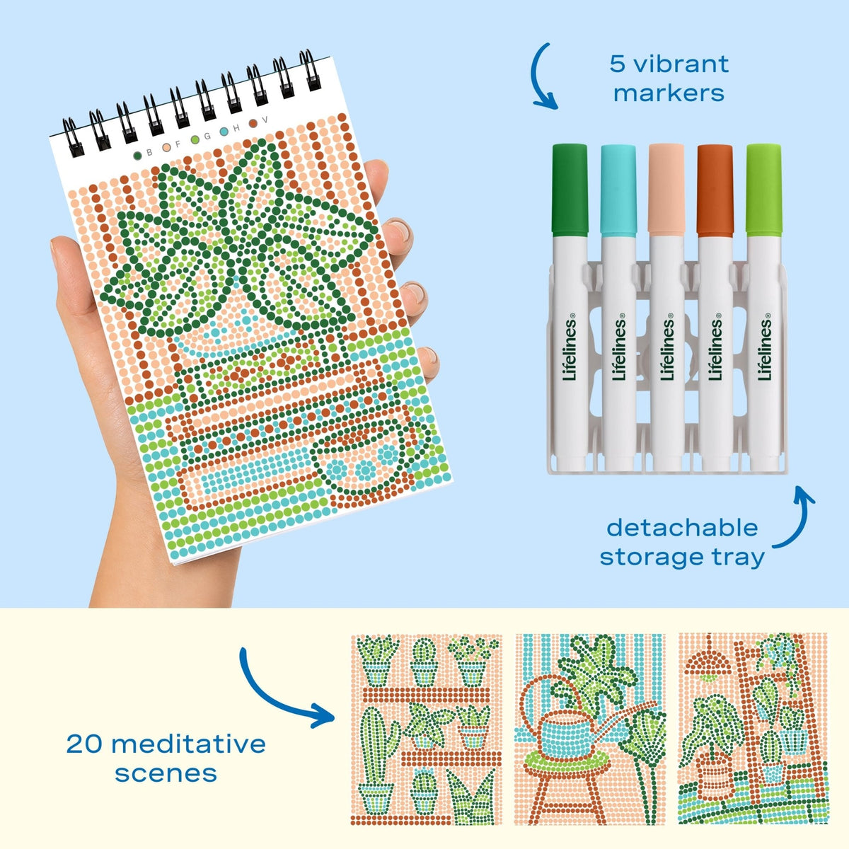 Lifelines FlowArt Mini Dot-by-Letter Plant Paradise - includes 5 vibrant dot markers, detachable storage tray and 20 meditative scenes