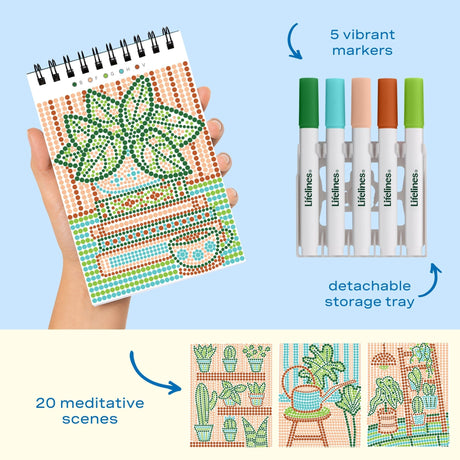 Lifelines FlowArt Mini Dot-by-Letter Plant Paradise - includes 5 vibrant dot markers, detachable storage tray and 20 meditative scenes