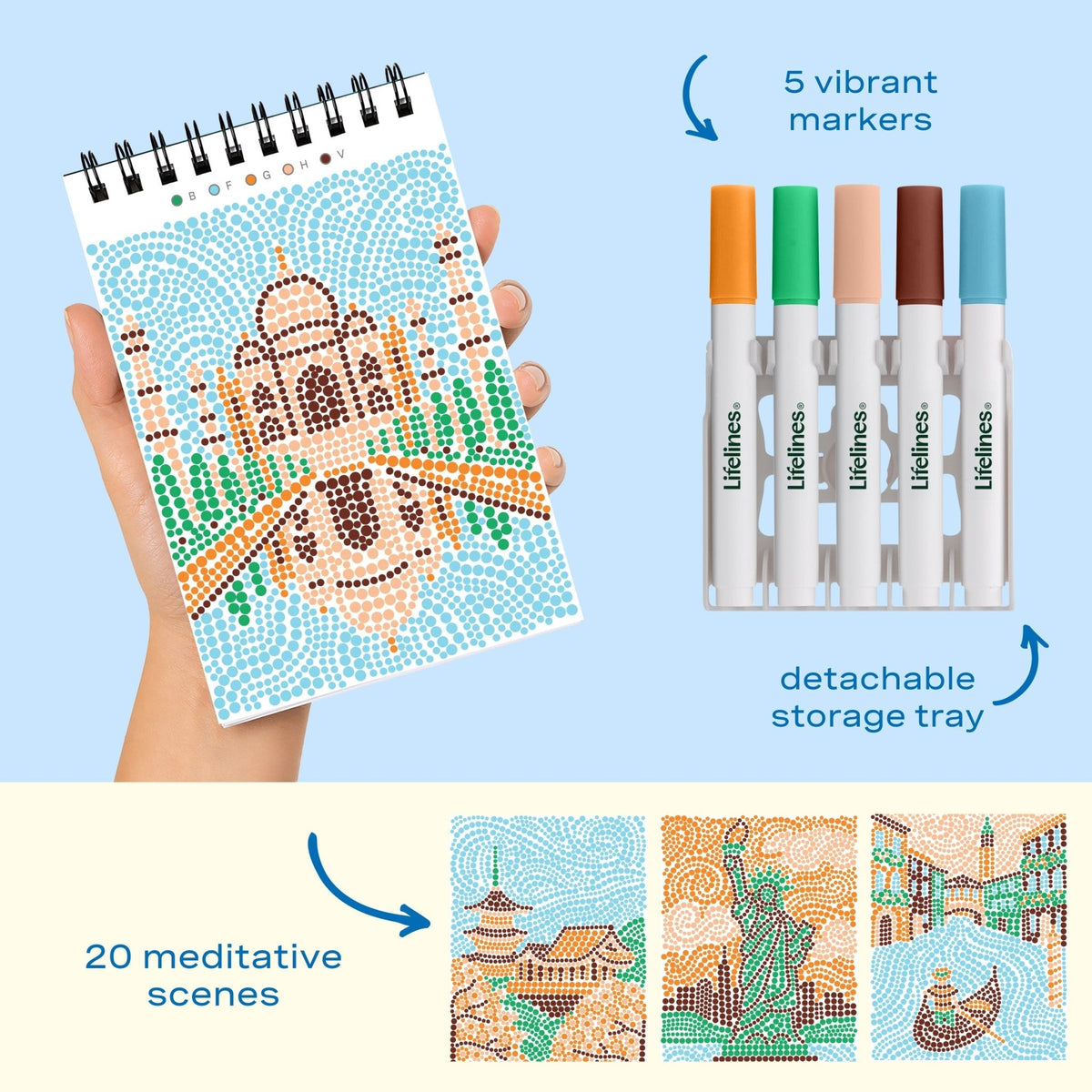 Lifelines FlowArt Mini Dot-by-Letter Postcard Places - includes 5 vibrant dot markers, detachable storage tray and 20 meditative scenes