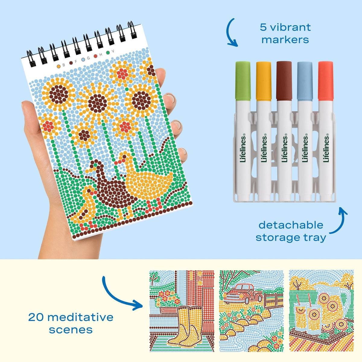 Lifelines FlowArt Mini Dot-by-Letter Small Town Serenity - includes 5 vibrant dot markers, detachable storage tray and 20 meditative scenes
