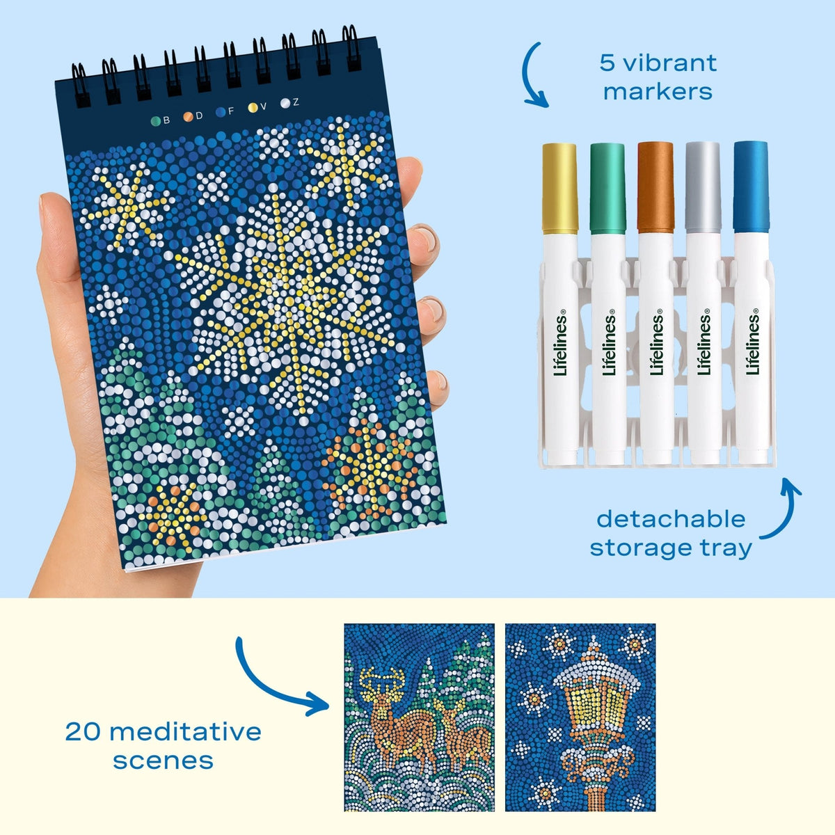 Lifelines FlowArt Mini Dot-by-Letter Snowflake Serenity Metallic Ink - includes 5 vibrant dot markers, detachable storage tray and 20 meditative scenes