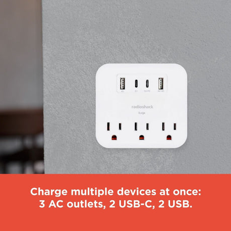 RadioShack 3 Outlet Wall Tap + 2 USB -C + 2 USB with Overload protection 490J 6100857