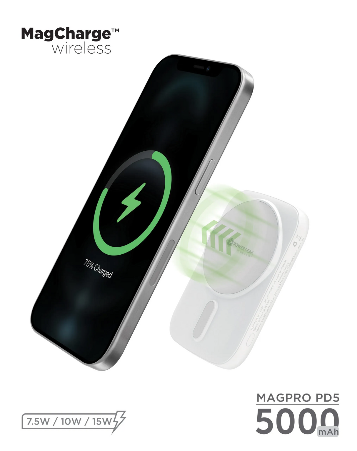 PowerPeak 5000mAh MagCharge Power Bank - White