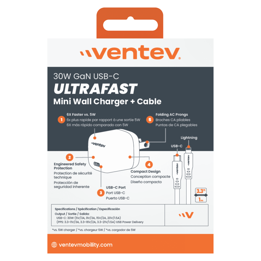Ventev - 30W Mini Wall Charger and USB C to Apple Lightning Cable - White