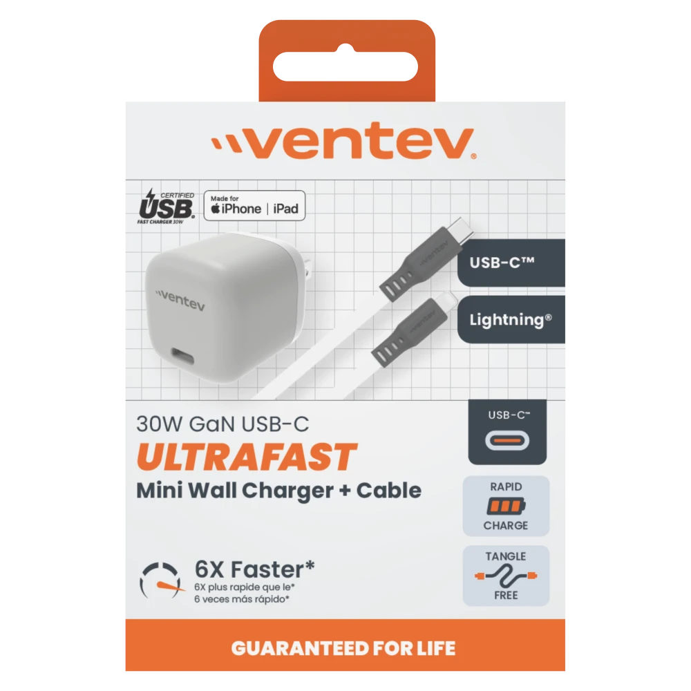 Ventev - 30W Mini Wall Charger and USB C to Apple Lightning Cable - White