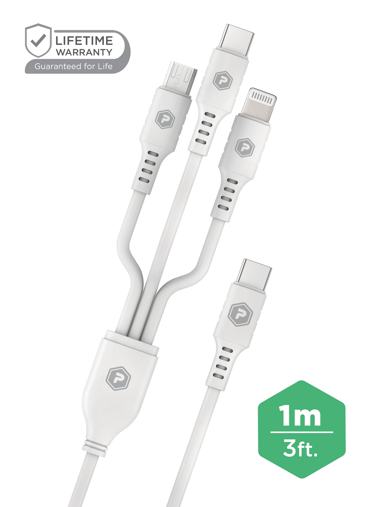 PowerPeak ECONOMY 3 in 1 Cable 3 ft USB-C to Micro, Lightning, and USB-C - White