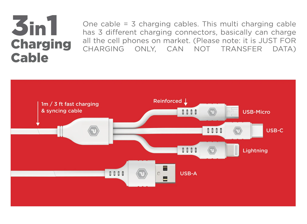 PowerPeak ECONOMY 3 in 1 Cable 3 ft USB-A to Micro, Lightning, and USB-C - White