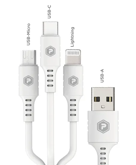 PowerPeak ECONOMY 3 in 1 Cable 3 ft USB-A to Micro, Lightning, and USB-C - White