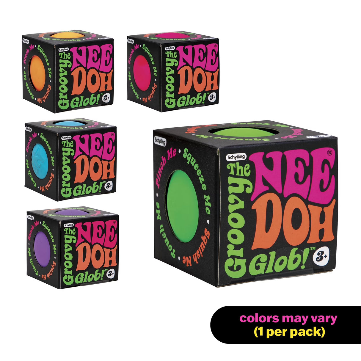 Five boxes of 'The Groovy Nee Doh Glob!' with colorful text and a green ball inside, on a white background.