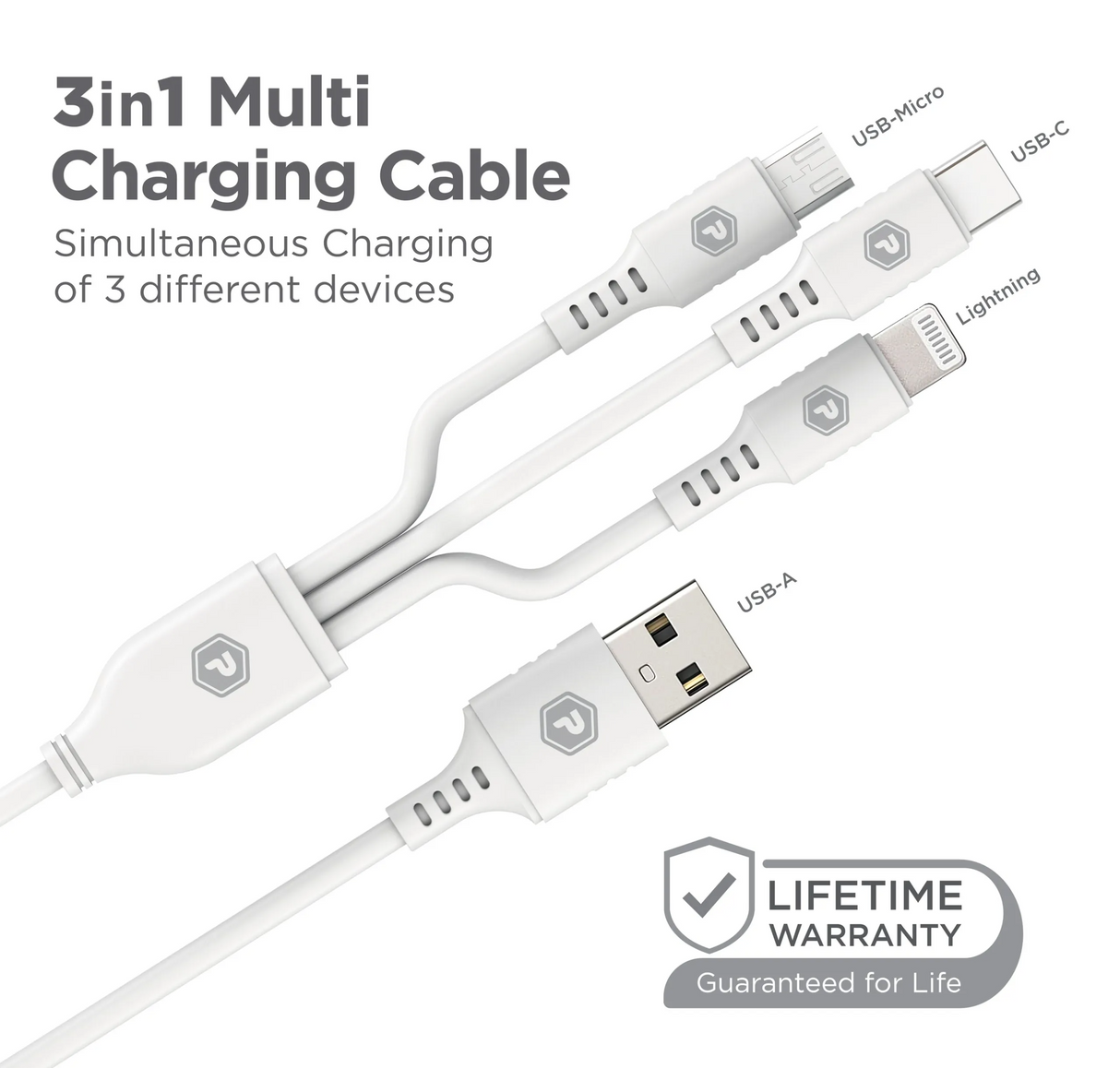PowerPeak ECONOMY 3 in 1 Cable 3 ft USB-A to Micro, Lightning, and USB-C - White