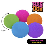 Five colorful Nee Doh balls with a size indicator and brand name on a white background.