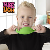 Child holding a green object with 'NEEDOH' branding in the background