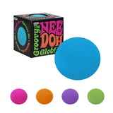 Blue 'Groovy Nee Doh Glob' toy with packaging and color options on a white background