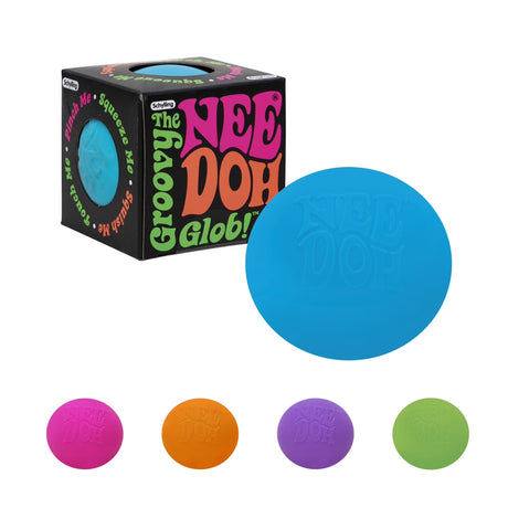 Blue 'Groovy Nee Doh Glob' toy with packaging and color options on a white background