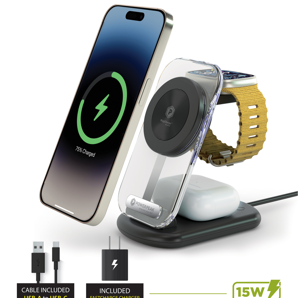 PowerPeak 3-in-1 Folding MagCharge Wireless Charging Station - 15W ...