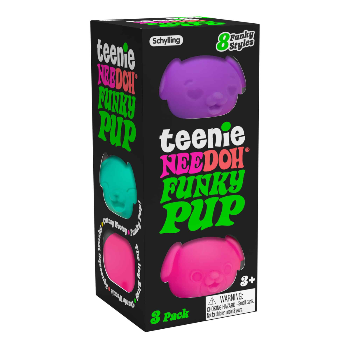 A 3-pack box of Schyling Teenie Needoh Funky Pup toys, featuring a black box with colorful text and images of purple, teal, and pink pig-shaped toys.