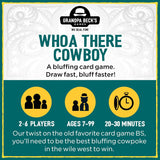 Promotional graphic for 'Whoa There Cowboy' card game by Grandpa Beck's Games