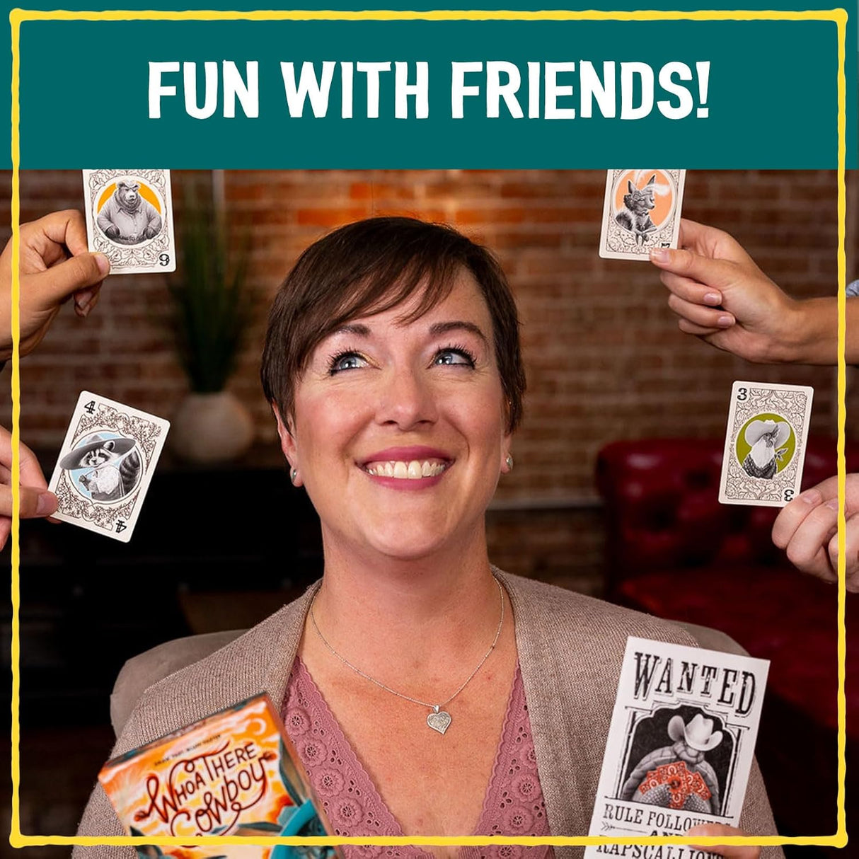 Woman holding playing cards with a 'Wanted' poster, surrounded by people holding similar cards, with text 'Fun with Friends!' at the top.
