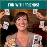 Woman holding playing cards with a 'Wanted' poster, surrounded by people holding similar cards, with text 'Fun with Friends!' at the top.