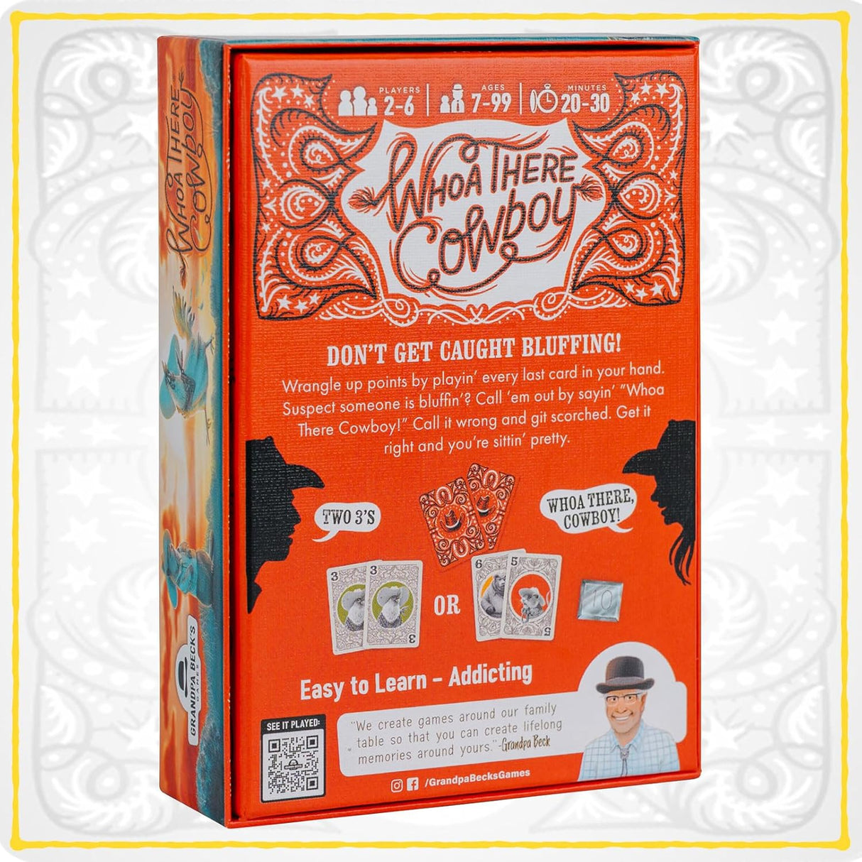 Board game box for 'Who's There, Cowboy?' with orange and black design on a white background.