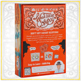 Board game box for 'Who's There, Cowboy?' with orange and black design on a white background.