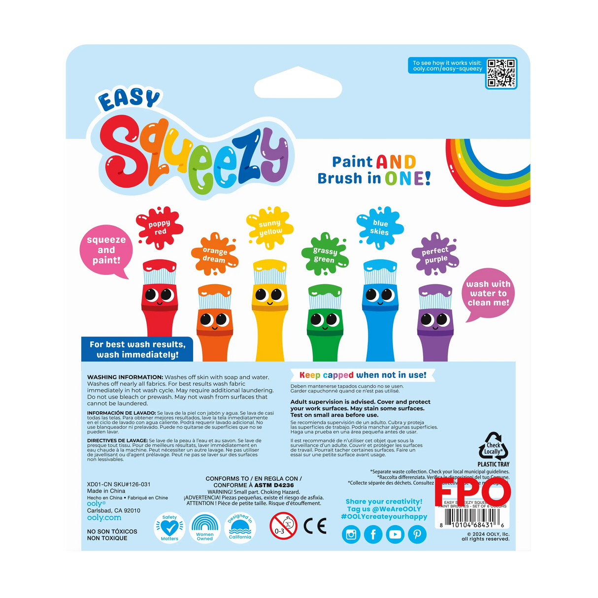 Easy Squeezy Squeezable Poster Paint Brushes - Easy Grip - Set of 6