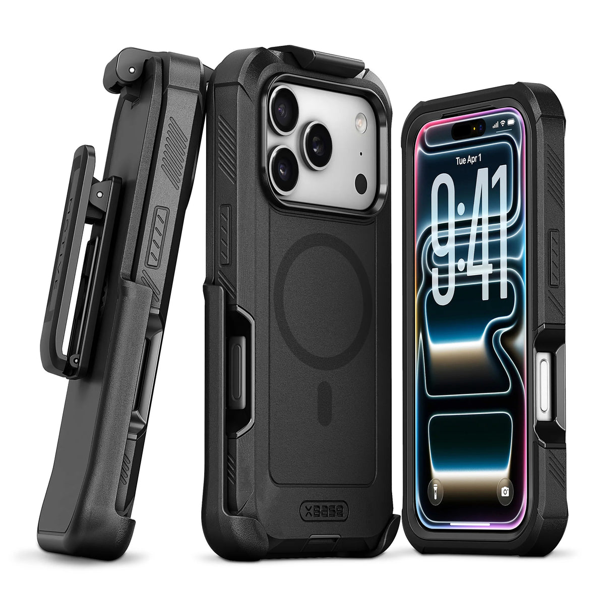 xBase iPhone 17 Pro Max Boulder MagSafe HD Rugged Protective Case w/Belt Clip Holster Black