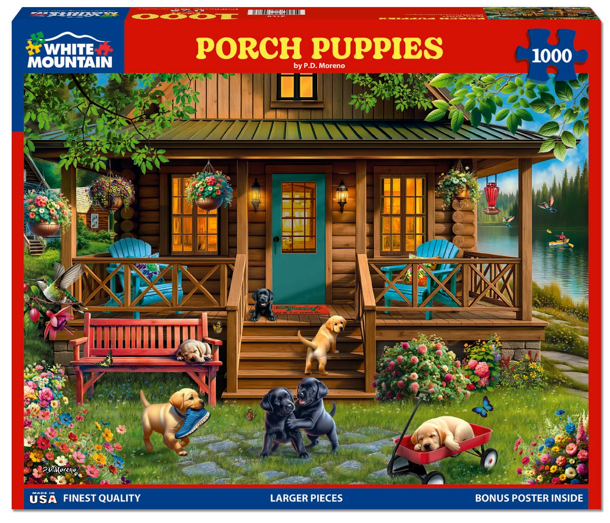Porch Puppies 1000 piece jigsaw puzzle by White Mountain Puzzles, box image